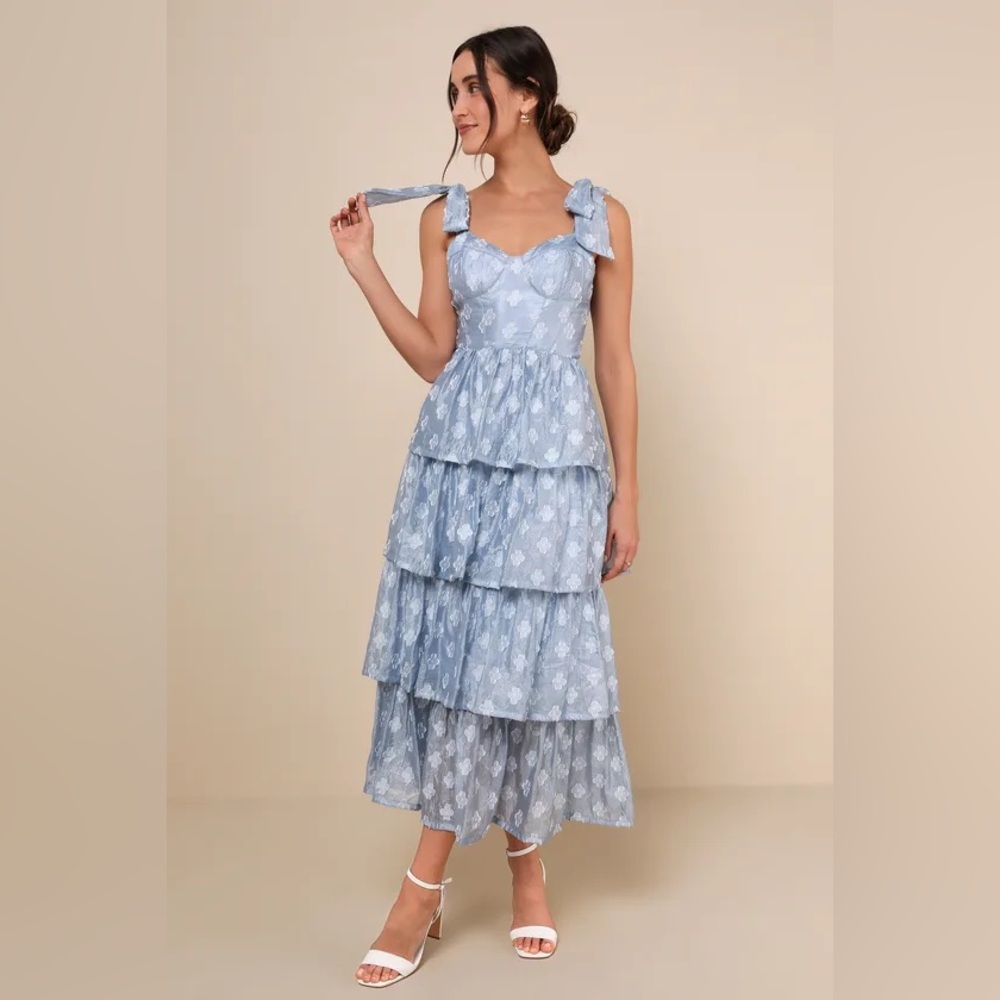 Gorgeous Excellence Light Blue Floral Burnout Tiered Midi Dress